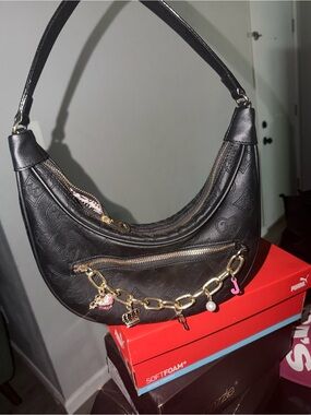 Juicy Couture Black Embossed Hobo with Gold Charm Chain